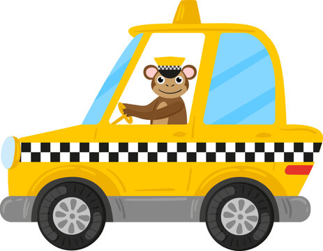 Monkey character smiling while driving a yellow cab with a checkered stripe