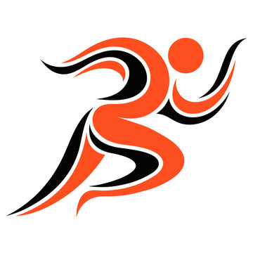 Stylized orange and black runner icon.

