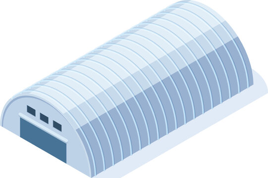 Isometric building displaying a corrugated metal quonset hut with a large door