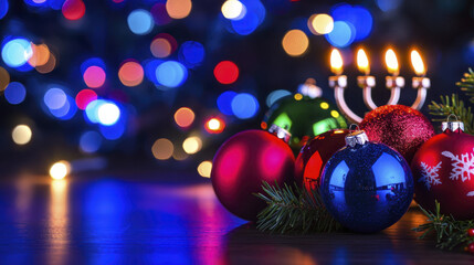Fototapeta premium Close up of colorful Christmas ornaments and menorah with candles, creating festive atmosphere of celebration and joy
