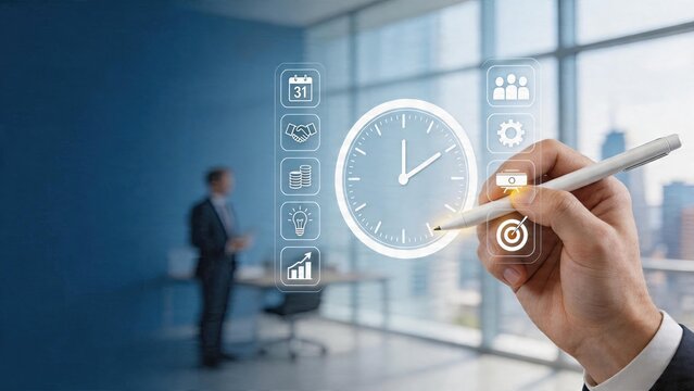 Businessman interacting with digital clock and futuristic interface icons representing time management productivity planning scheduling teamwork finance innovation goals in modern