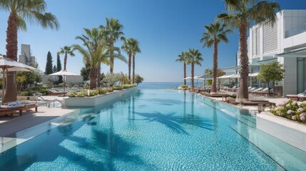 Fototapeta premium Resort's outdoor pool and sunbeds gleam on a bright, sunny day.