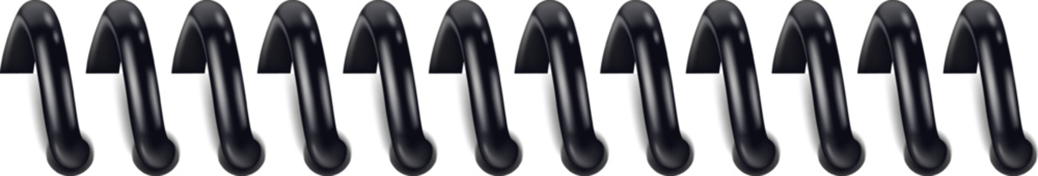 Black spiral binding element forming a continuous curve on a white background