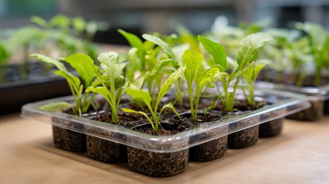 Young plants in a plastic tray sit on a table.