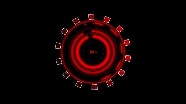 Red futuristic circular HUD element with progress. Red futuristic HUD indicator. Red futuristic circular HUD for system loading and technical dashboard visualizations art.