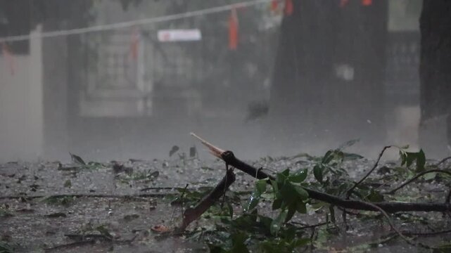 Bangalore, India, 18th April 2026: Severe Monsoon Rainstorm with Hailstorm and Strong Winds Blowing Across Urban Streets &ndash; Cloudy Sky Over Indian City Skyline During Heavy Rainy Weather