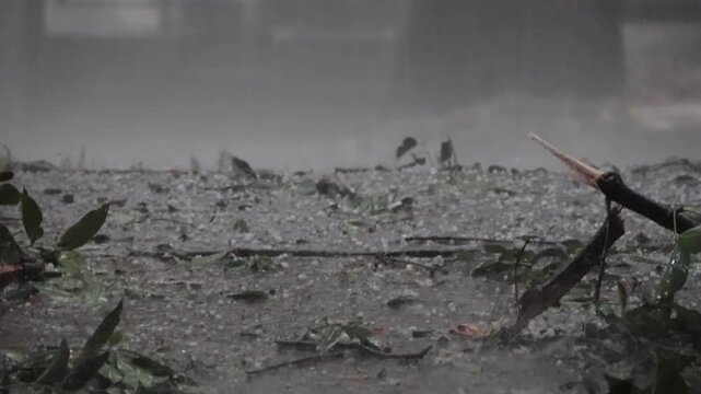 Bangalore, India, 18th April 2026: Severe Monsoon Rainstorm with Hailstorm and Strong Winds Blowing Across Urban Streets &ndash; Cloudy Sky Over Indian City Skyline During Heavy Rainy Weather