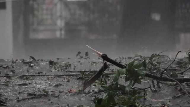 Bangalore, India, 18th April 2026: Severe Monsoon Rainstorm with Hailstorm and Strong Winds Blowing Across Urban Streets &ndash; Cloudy Sky Over Indian City Skyline During Heavy Rainy Weather