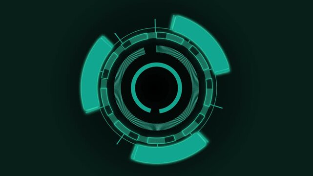 Glowing teal futuristic circular HUD with rings. Glowing teal futuristic interface. Glowing teal futuristic circular HUD for technical monitoring and system data visuals art.
