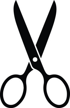 A pair of sharp black stainless steel scissors with plastic handles is open and isolated on a white background for professional barber, tailor, or office cutting work