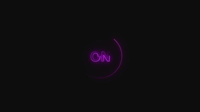 Purple neon ON text with circular light element. Purple neon ON text glowing. Purple neon ON text for system activation status and digital power interface indicators.