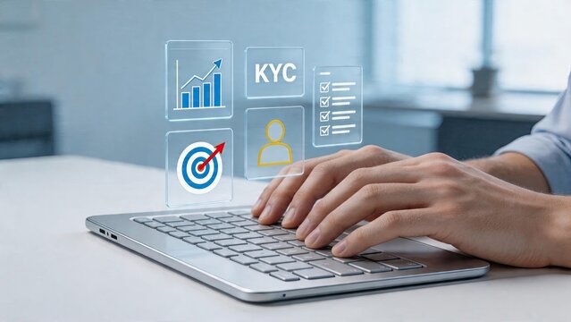 Business man typing on laptop with augmented reality holographic interface digital data analysis dashboard displaying chart growth graph Know Your Customer or KYC verification