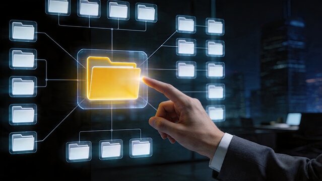 Businessman selecting digital folders on touchscreen connecting data files cloud storage management information technology concept modern office work secure document access