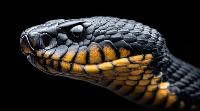 Close-up of a striking black and yellow snake against a stark black background.