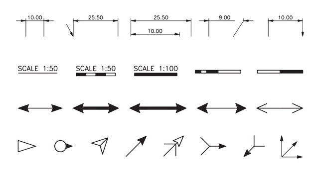 Scale bars and directional arrows for architectural planning are organized in a clean layout.