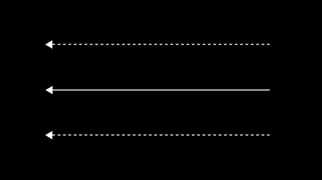 White straight arrows animation. Reveal and hide animation of solid, dashed, and dotted arrows.4k black background icon animation
