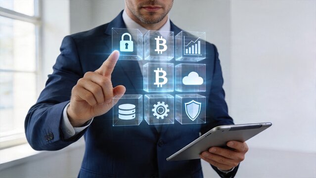 Businessman interacting with holographic cube icons representing security lock cryptocurrency bitcoin cloud storage database server settings gear and shield on tablet device in