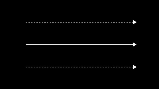 White straight arrows animation. Reveal and hide animation of solid, dashed, and dotted arrows.4k black background icon animation