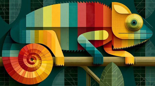 Geometric constructivist illustration of a multicolor striped chameleon with spiral tail perched on a branch against a dark teal grid background