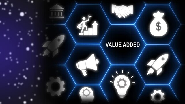Digital Network of Hexagons with Value Added Central and Business Icons on Dark Background technology-4k black background icon animation