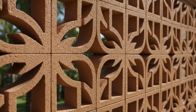 Architectural terracotta breeze block wall texture with geometric shadows