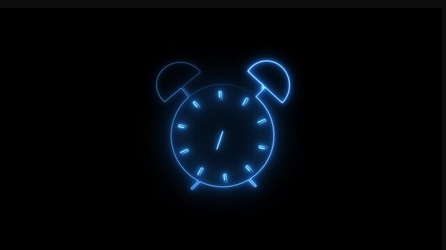 Blue neon alarm clock icon on black background. Blue neon alarm clock time. Blue neon alarm clock for schedule reminders and productivity management digital illustrations.