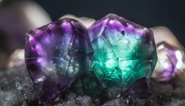 Raw Fluorite gemstone crystals with perfect natural octahedron geometry