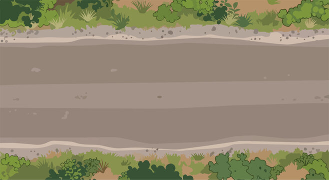 Top view dirt road vector illustration, overhead rural path with green bushes and grass, rustic gravel track for game design and map backgrounds