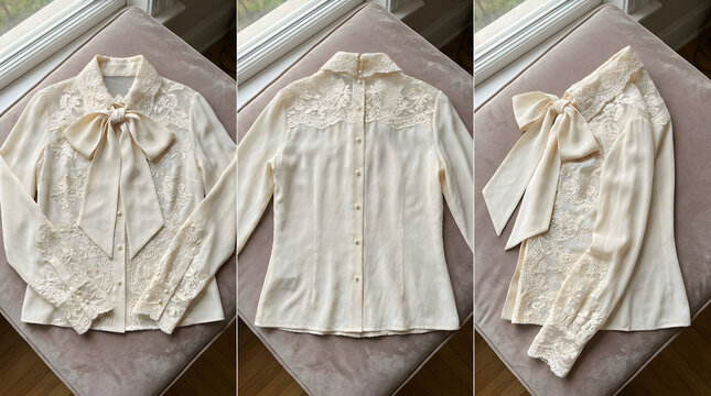 Elegant cream blouse with a pussy bow and lace details, showcasing a sophisticated and feminine aesthetic