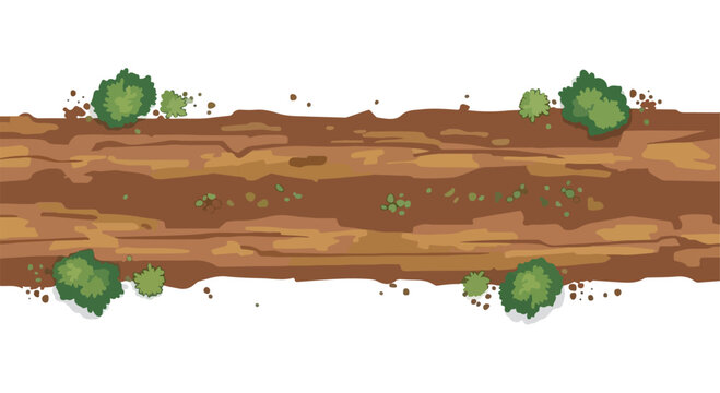 Seamless dirt road top view vector, rustic brown soil path with green bushes, overhead forest trail landscape for game design and map creation