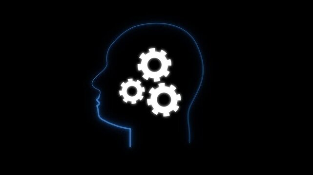 Neon blue head silhouette with white gears. Neon blue head silhouette glowing. Neon blue head silhouette for artificial intelligence and human brain thinking concepts.