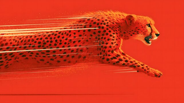 Dynamic digital illustration of a running cheetah with horizontal speed lines and spotted coat rendered in bold orange tones on a vivid red background