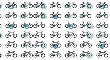 Fototapeta premium Repeating pattern showing multiple black bicycle icons with gears and cogs on a white background, representing cycling and mechanics.
