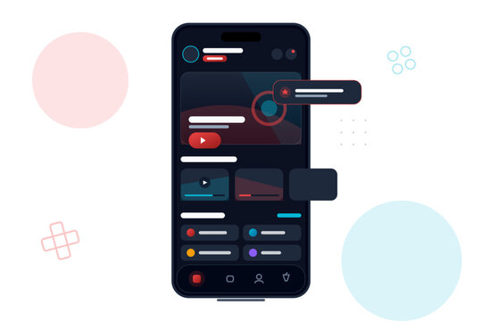 Modern smartphone application interface design showing various interactive UI elements on dark background