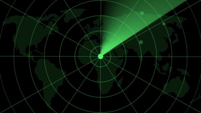 Green radar concept. Digital realistic radar with targets on monitor in searching. Air search . Military search system. 4k black background icon animation