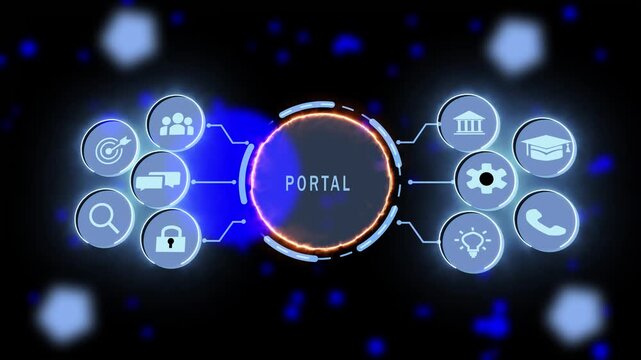 Futuristic digital portal interface with animated hud and interactive user menu for corporate business technology presentations and advanced cyber security network systems
