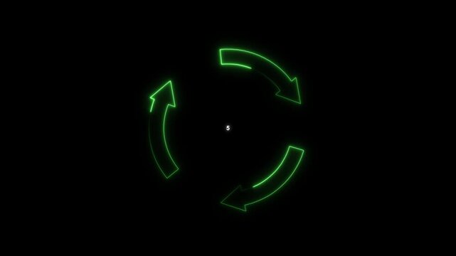 Three green neon arrows forming recycling symbol. Three green neon arrows rotation. Three green neon arrows for environmental sustainability and eco friendly concepts art.