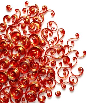 Abstract background with red and gold metallic filigree swirls and curls isolated on white background
