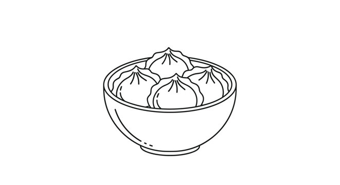 Simple black and white line drawing of a ceramic bowl filled with several delicious steamed dumplings or khinkali on a white base.