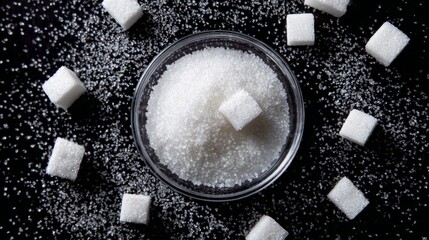 Naklejka premium Sugar granules in a glass dish and sugar cubes rest on a black surface, viewed from above.