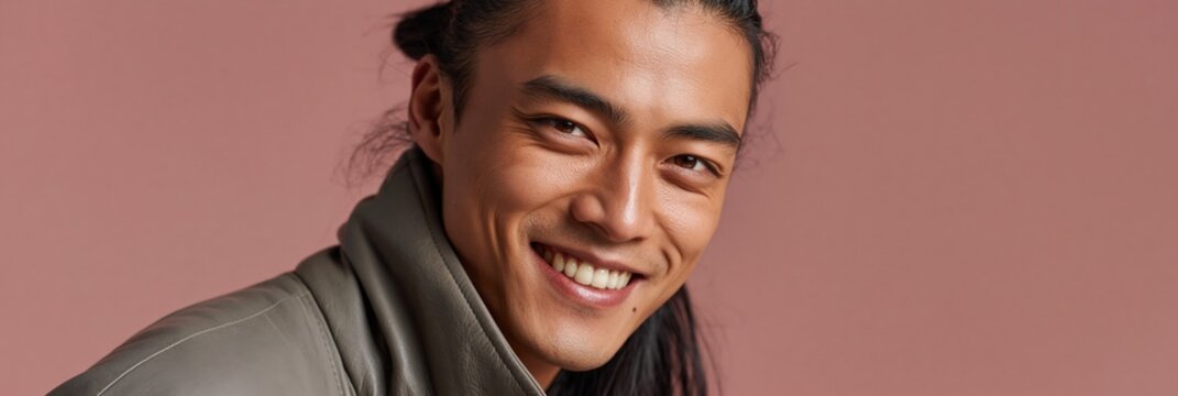 Young man laughing in leather jacket against pink backdrop