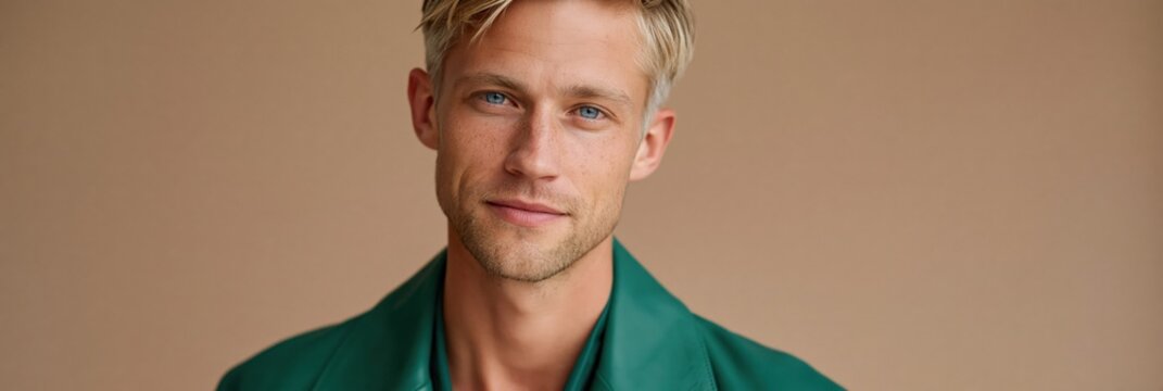 Young blond man with neutral expression in beige studio