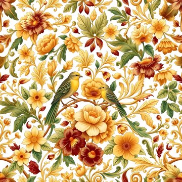 Seamless pattern with yellow birds and vintage floral motifs in warm autumn tones isolated on white background