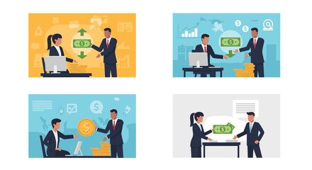 Fototapeta premium Set of business scenes showing professional people in suits negotiating, trading money, and managing financial investments together.