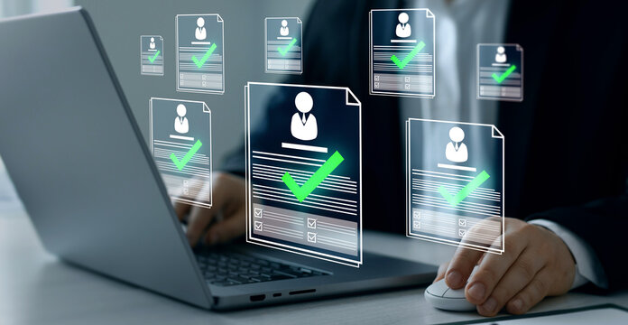 Digital documents with check marks verified staff records and online HR management. Employee approval process management.	
