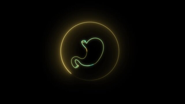 Glowing cyan stomach icon within yellow circle. Glowing cyan stomach icon organ. Glowing cyan stomach icon for digestive system and medical health visualization designs.