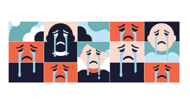Collection of stylized crying faces with blue tears in a colorful grid pattern expressing deep sadness and grief.