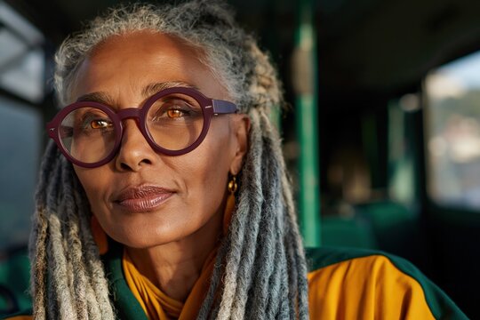 Older woman with gray dreadlocks wearing round glasses on bus