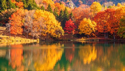 Obraz premium Colorful autumn trees reflecting in calm lake water
