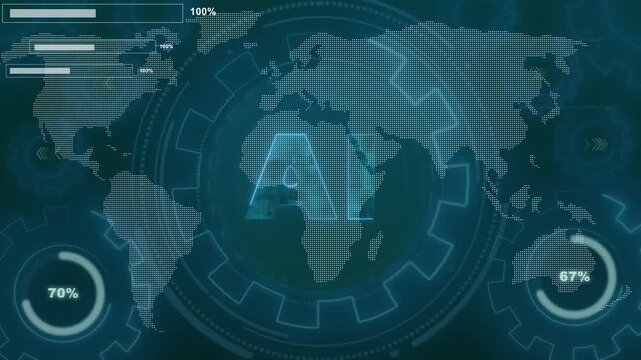 Digital world map with data visualization. Digital world map progress. Digital world map for international analytics and global economic performance monitoring art.
